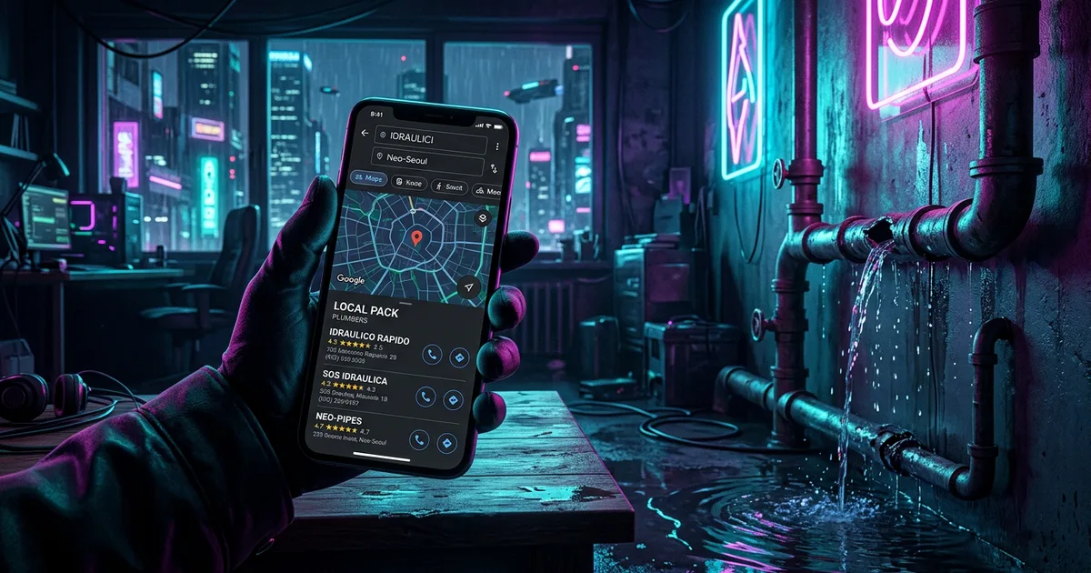 Smartphone acceso di notte con Google Maps aperto sui tre risultati del Local Pack, mentre in casa un tubo perde acqua